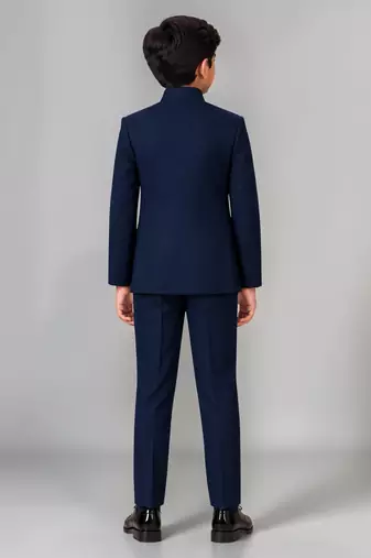 Boys navy blue lycra solid indo-western blazer & trouser set with elephant brooch