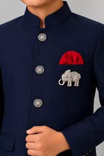 Boys navy blue lycra solid indo-western blazer & trouser set with elephant brooch