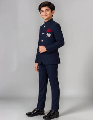 Boys navy blue lycra solid indo-western blazer & trouser set with elephant brooch 4