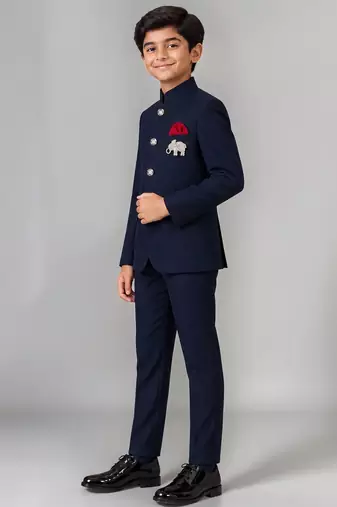 Boys navy blue lycra solid indo-western blazer & trouser set with elephant brooch