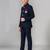 Boys navy blue lycra solid indo-western blazer & trouser set with elephant brooch