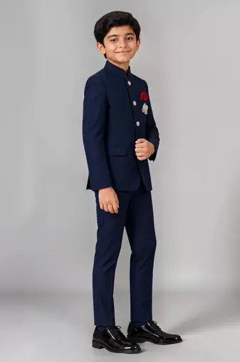 Boys navy blue lycra solid indo-western blazer & trouser set with elephant brooch