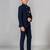 Boys navy blue lycra solid indo-western blazer & trouser set with elephant brooch