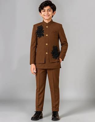 Boys brown lycra floral patchwork embroidered 3 piece suit set with beadwork & sequins 1