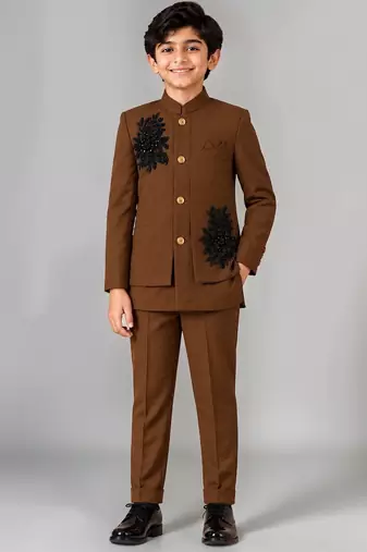 Boys brown lycra floral patchwork embroidered 3 piece suit set with beadwork & sequins
