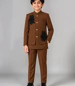 Boys brown lycra floral patchwork embroidered 3 piece suit set with beadwork & sequins