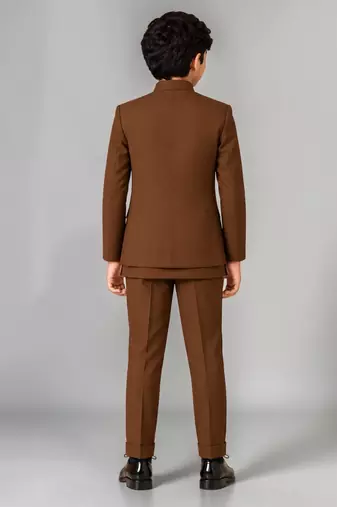 Boys brown lycra floral patchwork embroidered 3 piece suit set with beadwork & sequins