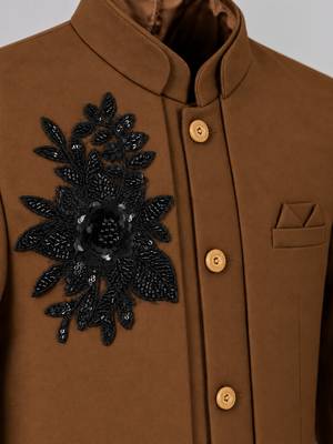 Boys brown lycra floral patchwork embroidered 3 piece suit set with beadwork & sequins 3