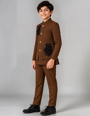 Boys brown lycra floral patchwork embroidered 3 piece suit set with beadwork & sequins 4