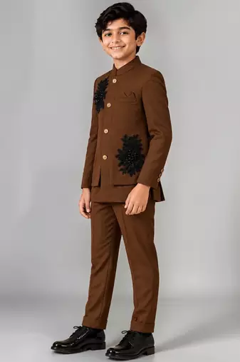 Boys brown lycra floral patchwork embroidered 3 piece suit set with beadwork & sequins