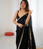 Black tissue satin sequins saree with unstitched blouse piece.