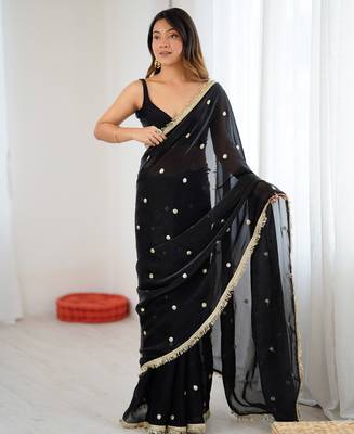 Black tissue satin sequins saree with unstitched blouse piece. 3