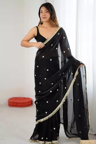 Black tissue satin sequins saree with unstitched blouse piece.