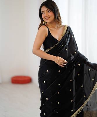 Black tissue satin sequins saree with unstitched blouse piece. 4