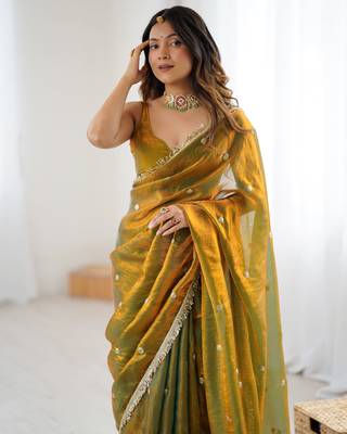 Gold tissue satin sequins saree with unstitched blouse piece. 1