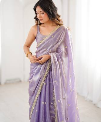 Lilac tissue satin sequins saree with unstitched blouse piece. 1