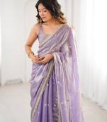 Lilac tissue satin sequins saree with unstitched blouse piece.