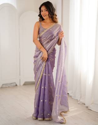 Lilac tissue satin sequins saree with unstitched blouse piece. 2