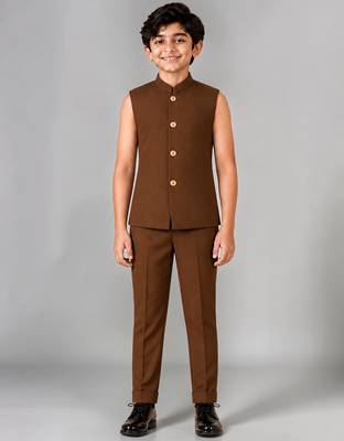 Boys brown lycra floral patchwork embroidered 3 piece suit set with beadwork & sequins 5