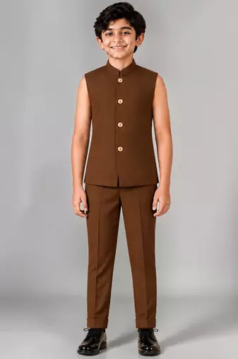 Boys brown lycra floral patchwork embroidered 3 piece suit set with beadwork & sequins