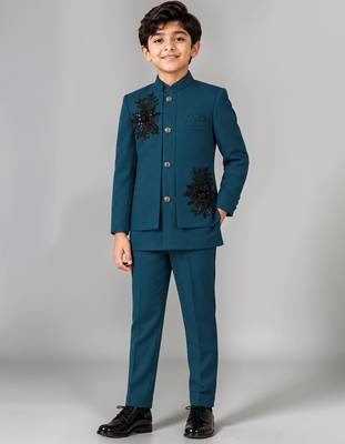 Boys teal lycra floral patchwork embroidered 3 piece suit set with beadwork & sequins 1