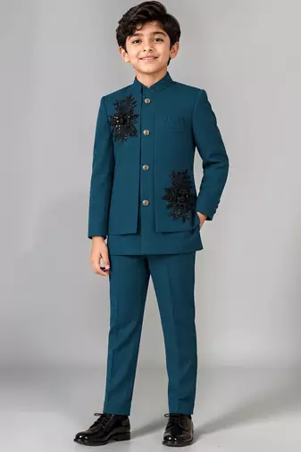 Boys teal lycra floral patchwork embroidered 3 piece suit set with beadwork & sequins