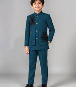 Boys teal lycra floral patchwork embroidered 3 piece suit set with beadwork & sequins