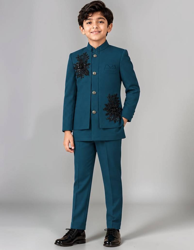 Boys teal lycra floral patchwork embroidered 3 piece suit set with beadwork & sequins