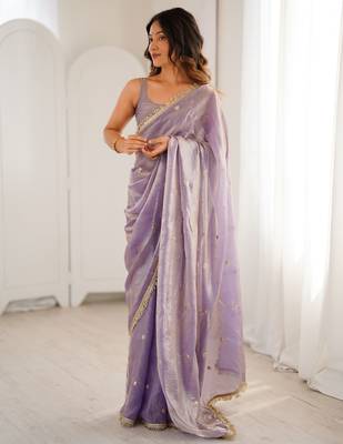 Lilac tissue satin sequins saree with unstitched blouse piece. 5