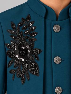 Boys teal lycra floral patchwork embroidered 3 piece suit set with beadwork & sequins 3