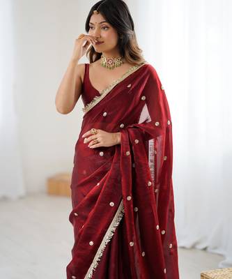 Maroon tissue satin sequins saree with unstitched blouse piece. 1
