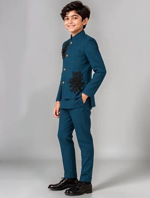 Boys teal lycra floral patchwork embroidered 3 piece suit set with beadwork & sequins 4