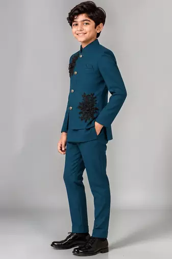 Boys teal lycra floral patchwork embroidered 3 piece suit set with beadwork & sequins