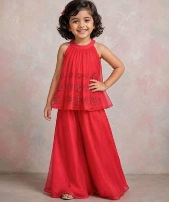 Red embroidered organza co ord set 1