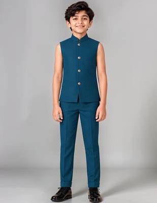 Boys teal lycra floral patchwork embroidered 3 piece suit set with beadwork & sequins 5