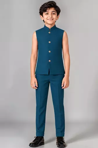 Boys teal lycra floral patchwork embroidered 3 piece suit set with beadwork & sequins