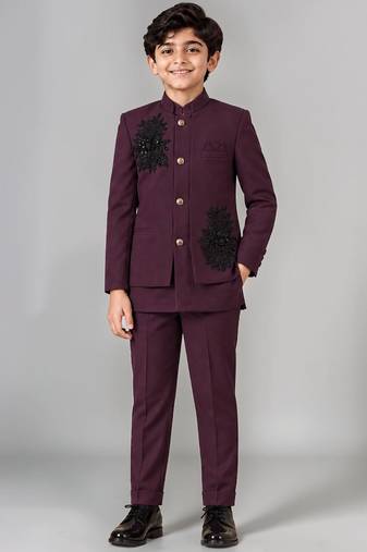 Boys wine lycra floral patchwork embroidered 3 piece suit set with beadwork & sequins
