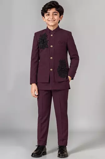 Boys wine lycra floral patchwork embroidered 3 piece suit set with beadwork & sequins