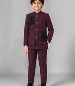 Boys wine lycra floral patchwork embroidered 3 piece suit set with beadwork & sequins