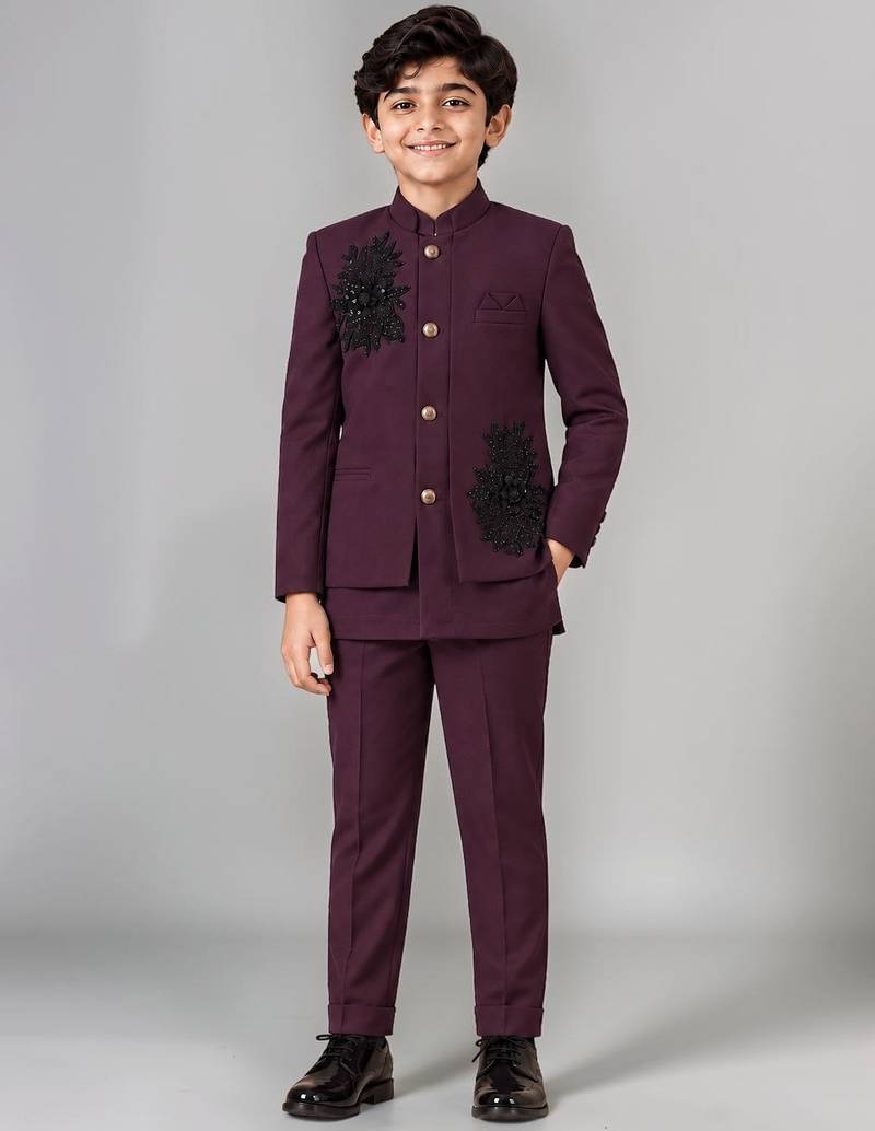 Boys wine lycra floral patchwork embroidered 3 piece suit set with beadwork & sequins