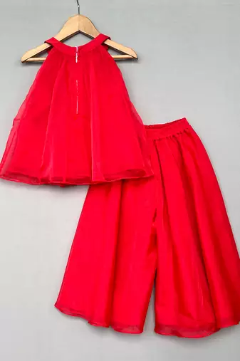 Red embroidered organza co ord set