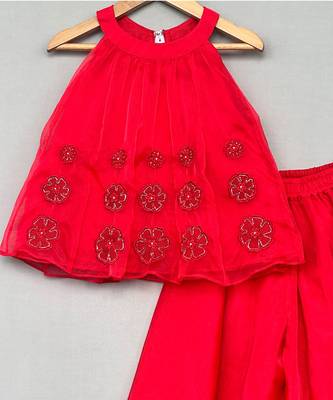 Red embroidered organza co ord set 4