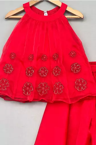 Red embroidered organza co ord set