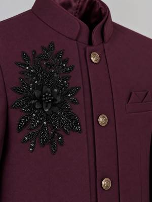 Boys wine lycra floral patchwork embroidered 3 piece suit set with beadwork & sequins 3