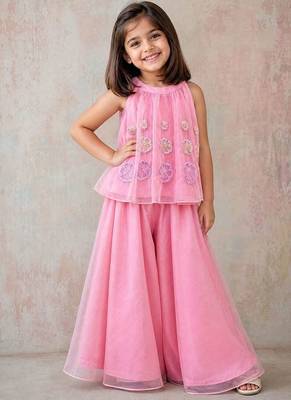 Pink embroidered organza co ord set 1