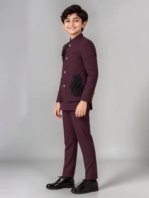 Boys wine lycra floral patchwork embroidered 3 piece suit set with beadwork & sequins 4