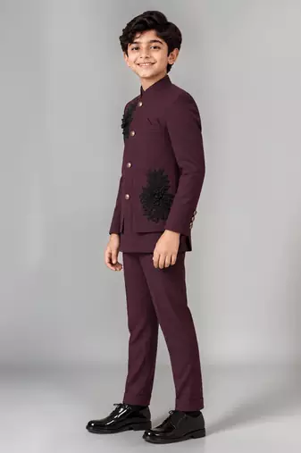 Boys wine lycra floral patchwork embroidered 3 piece suit set with beadwork & sequins