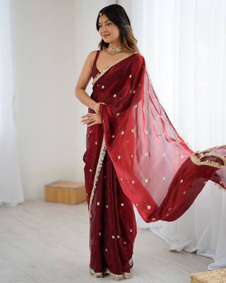 Maroon tissue satin sequins saree with unstitched blouse piece. 3