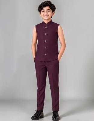 Boys wine lycra floral patchwork embroidered 3 piece suit set with beadwork & sequins 5