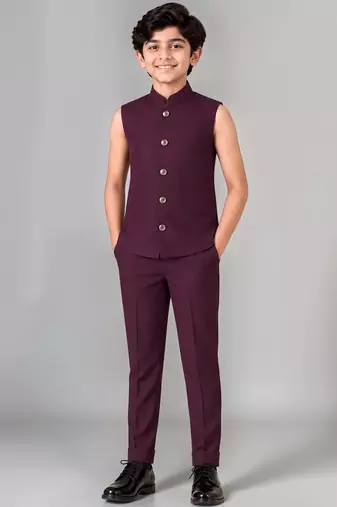 Boys wine lycra floral patchwork embroidered 3 piece suit set with beadwork & sequins